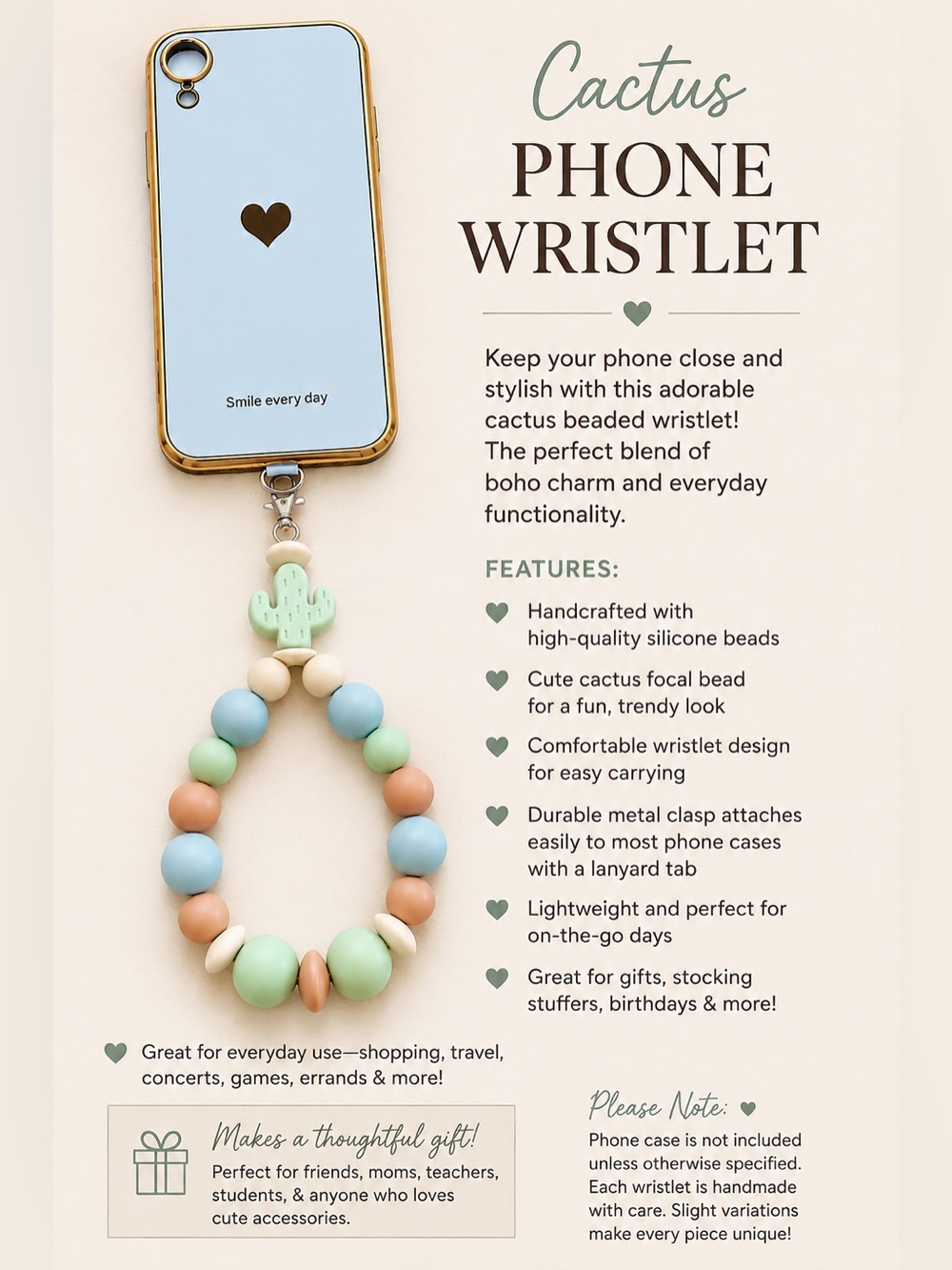 Cactus Beaded Phone Wristlet - Pastel Mint, Blue & Peach